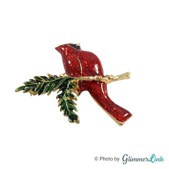 Beautiful Red Glitter Enamel Cardinal Bird Gold Tone Brooch Pin - Picture 2 of 6